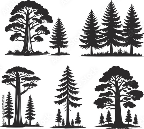 Tree silhouettes in various shapes, coniferous and broad canopy trees, black isolated design on white, nature illustration, forest elements, landscape reference, ground detail.