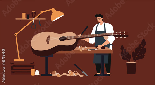 Guitar repairman fixing a string instrument in the workshop with woodworking tools