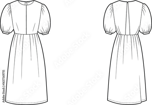 Puff sleeve midi dress flat sketch, front and back technical fashion CAD, vector template for dressmaking, clothing design illustration