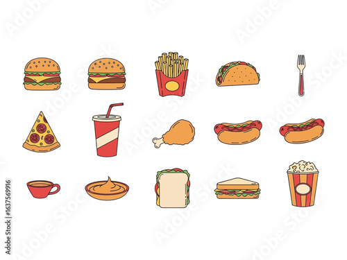 Colorful Culinary Collection: A vibrant illustration of various appetizing fast food items, arranged neatly, showcasing a range of delicious options