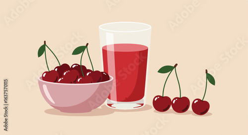 Bowl of cherries with juice on a table, simple design in cartoonish style
