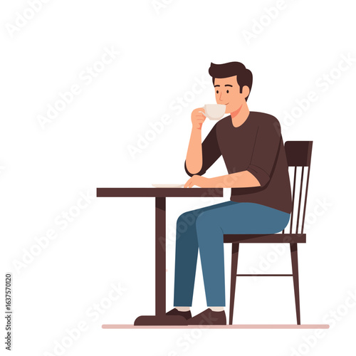 A young man having a relaxing coffee break, sitting at a table and drinking from a cup. Modern flat character illustration.