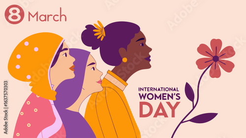 Diverse Women Celebrating International Womens Day with a Flower.