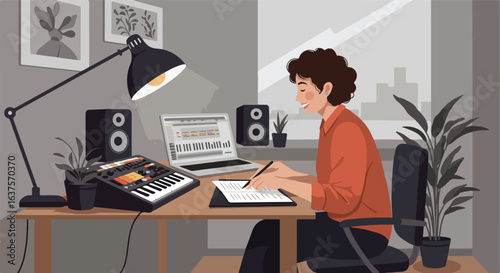 A person composing music at desk; laptop, controller, speakers, lamp, & plant indoors