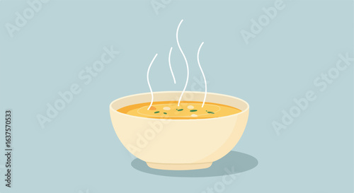 Simple illustration of bowl of hot soup with steam and herb garnish on light background