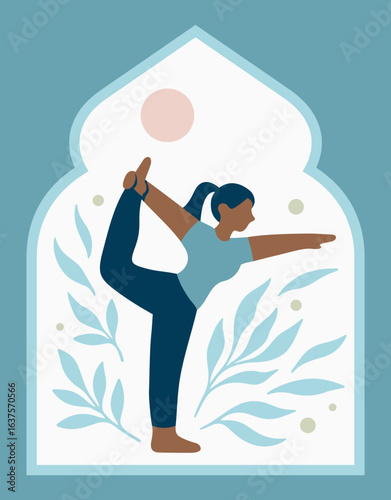 Flat vector illustration of the Dancer Pose (Natarajasana) yoga posture with leafy background and ornate frame, ideal for wellness, fitness, and Indian yoga inspired artwork.