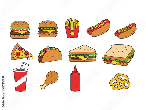 Delicious Meal Selection: A delightful arrangement of popular fast food items including a pizza slice, hamburger, hotdog, fries, taco, fried chicken, sandwich, and soda.