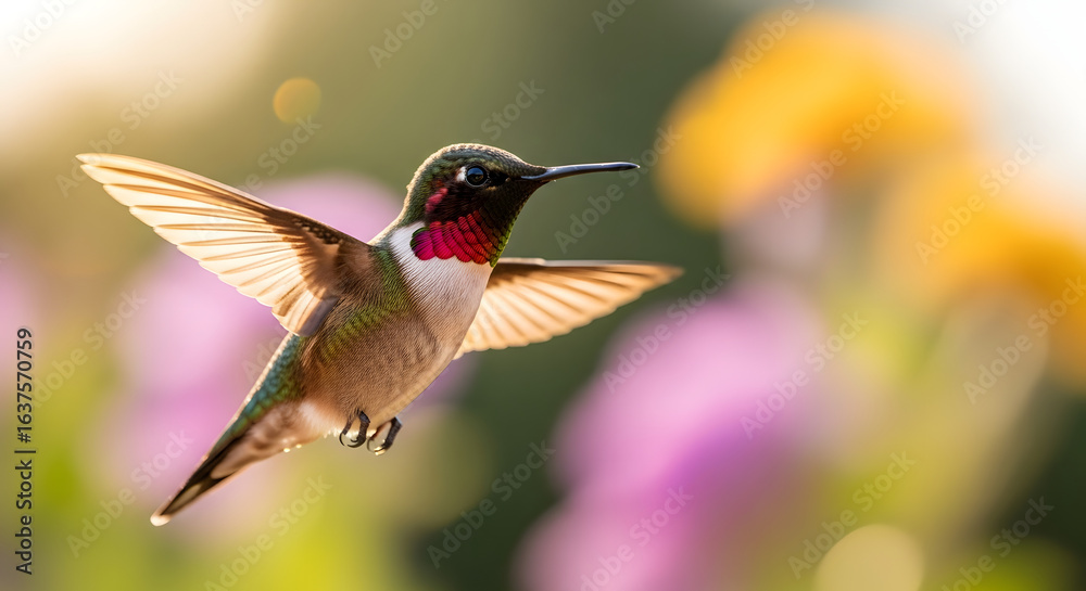 Naklejka premium A vibrant hummingbird in flight, showcasing its wings and a colorful throat patch, amidst blurred flowers.