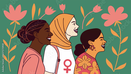 Diverse Women Smiling Together Profile Portraits with Floral Design.