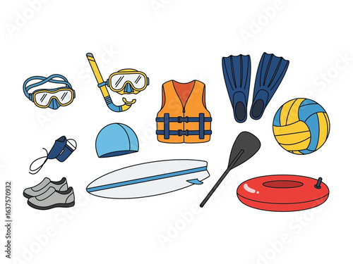 Water Sports Gear: A vibrant assortment of essential water sports equipment, including a snorkeling mask, diving fins, life vest, swimming cap, and surfboard, ready for aquatic adventures.