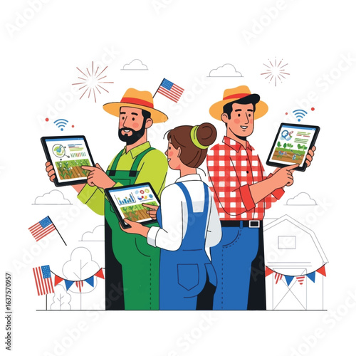 Three farmers using digital tablets to review agricultural data, celebrating a harvest or event.