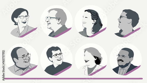 Eight stylized portraits of diverse individuals in circular frames smiling.