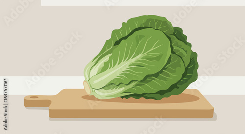 Romaine lettuce on a wooden cutting board with neutral color background