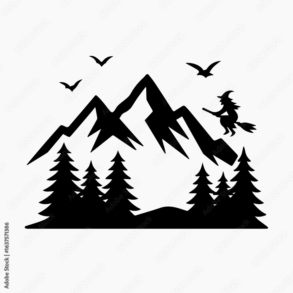 Obraz premium “A spooky Halloween-themed silhouette illustration, featuring a haunted house on a hill, a witch flying on a broom.halloween, house, night, moon, pumpkin.