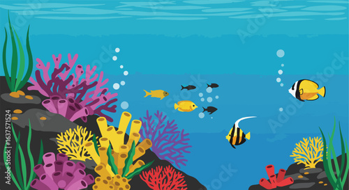 Underwater scene with colorful coral, seaweed, bubbles and variety of fish
