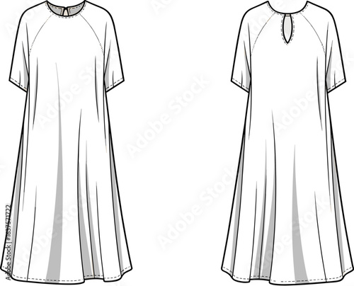 Raglan sleeve dress CAD drawing, front and back view fashion flat sketch, vector garment illustration, casual flowy dress template