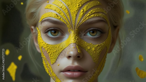 Golden Pigment — Art Deco Portrait of a Blonde Woman Adorned with Ornamental Gilded Freckles and Floating Foil Fragments