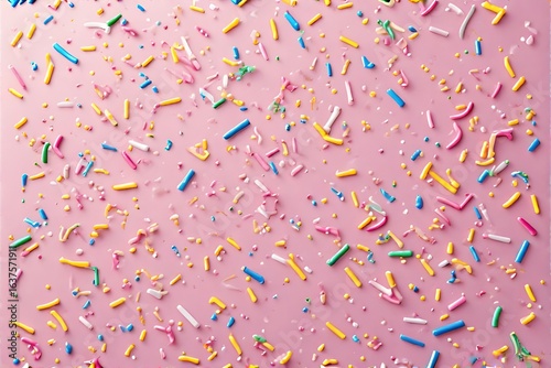Colorful rod shaped sprinkles scattered on a pink background