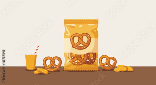 Snack time salty pretzels, a snack bag, a drink with straw are on a brown surface