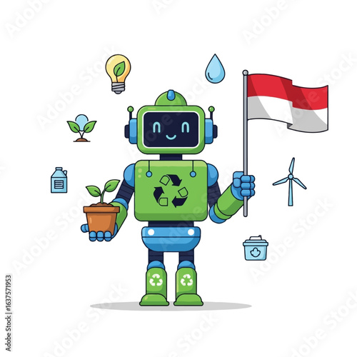 Cartoon robot promoting environmental awareness, holding a plant and the Indonesian flag, surrounded by eco-friendly symbols.