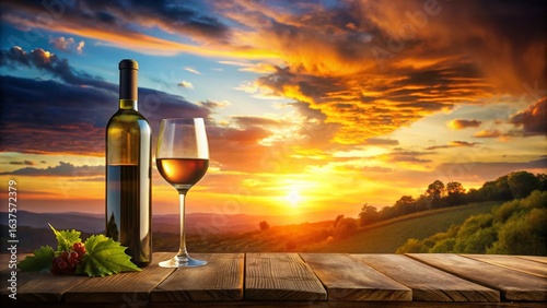 Serene Sunset Wine: Elegant Glass & Bottle Panoramic