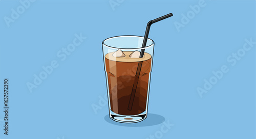 Iced Drink in glass with ice cubes & straw on light blue background, simple