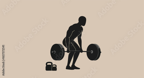 Silhouette man lifting barbell with kettlebells, fitness themed graphic with tan background