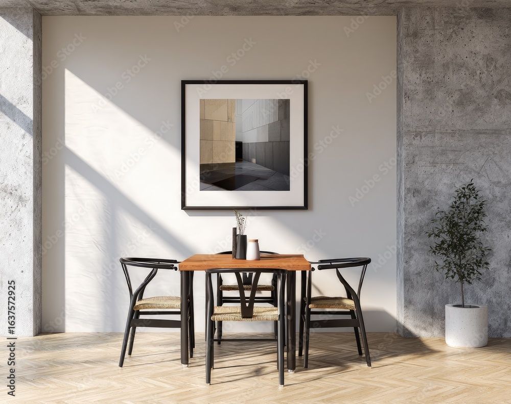 Fototapeta premium Minimalist dining area with framed art. Sunlight streams into a modern space featuring a wooden table and four black chairs surrounding it. A framed print hangs on a light-grey concrete wall