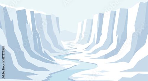Frozen valley with snowy cliffs and a winding stream in light blue hues