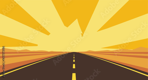 Road to horizon A road vanishing into the distance with a stylized sunset backdrop