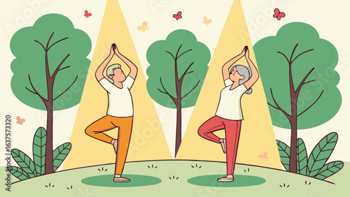 Man and Woman Practicing Yoga Outdoors in Nature Illustration.