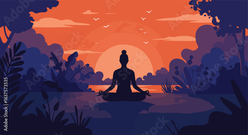Silhouetted person is meditating in a blue, leafy, & sunset painted illustration