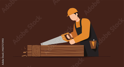 Worker sawing wood using handsaw wearing a hardhat and dark-colored overalls