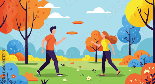 People play frisbee in a colorful park. Man throws a disc to the running woman