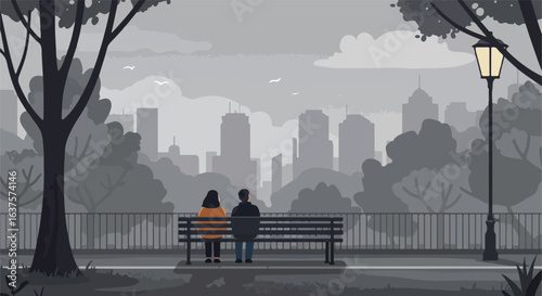 Couple sits on a bench in a park looking at a city skyline on a cloudy day