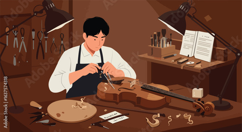 Craftsman repairs a wooden violin in a cozy workshop with lamps and tool storage