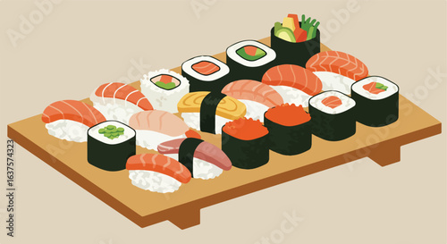 An array of sushi and maki on a wooden board, fresh, colorful and inviting view