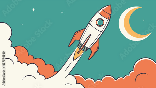 Retro Rocket Ship Ascending Towards the Crescent Moon and Stars.