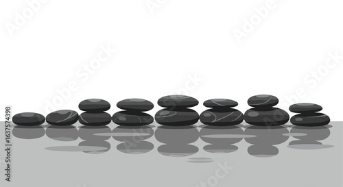 Gray Zen stones piled higher. Reflections on surface. Minimalist zen style design
