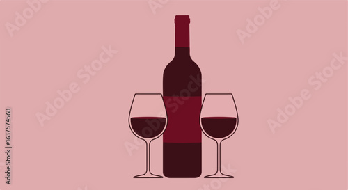 Wine bottle and two glasses of red wine on a pink background illustration