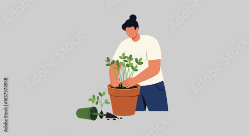 Gardener potting plant with trowel. Houseplant, gardening, and dirt elements around