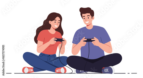 Couple joyfully plays games, sat in comfort, lost in fun, holding gamepads