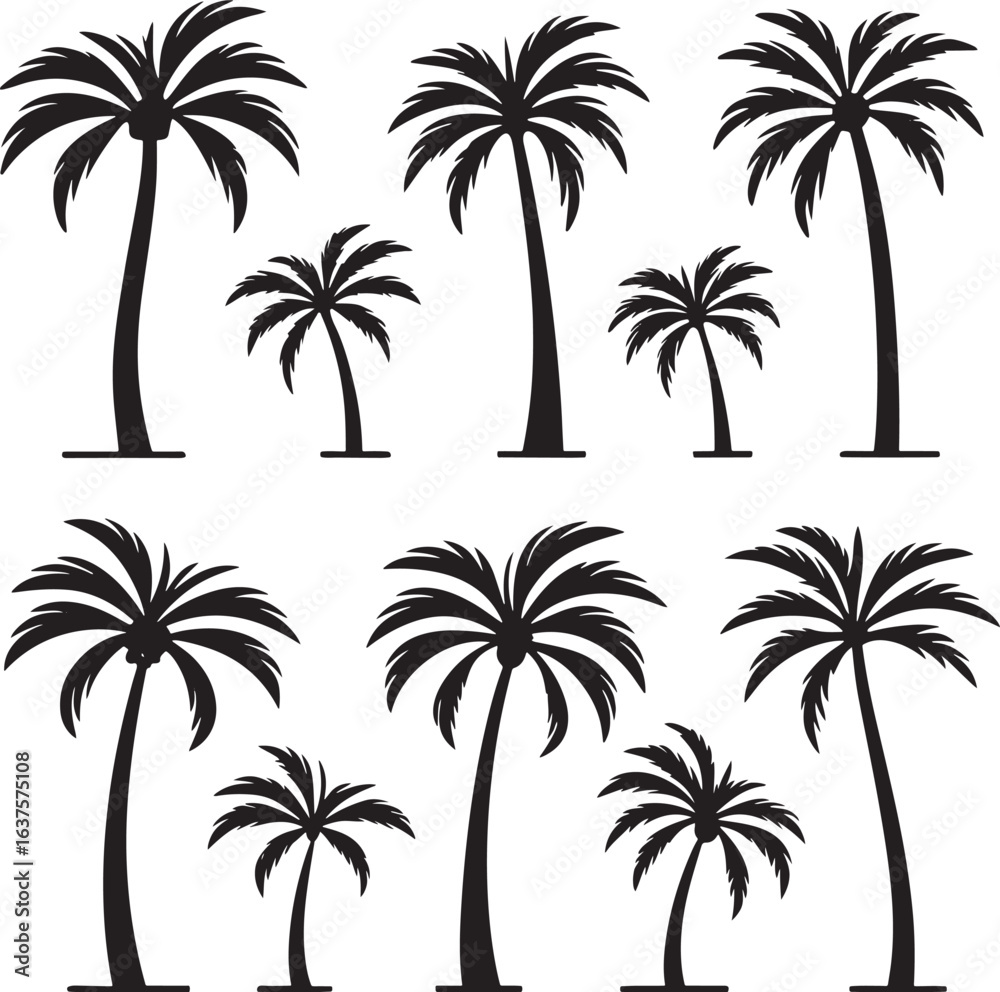 Fototapeta premium Assortment of Black Palm Tree Silhouettes tropical