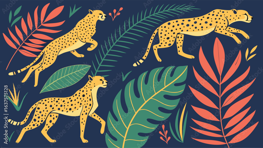 Obraz premium Stylized Cheetahs and Tropical Foliage in a Decorative Arrangement.