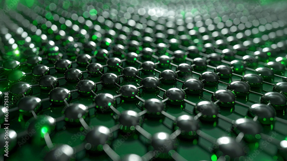 Obraz premium A visually appealing 3D rendering of a hexagonal, honeycomb-like network of dark, glossy spheres interconnected by glowing green lines. 