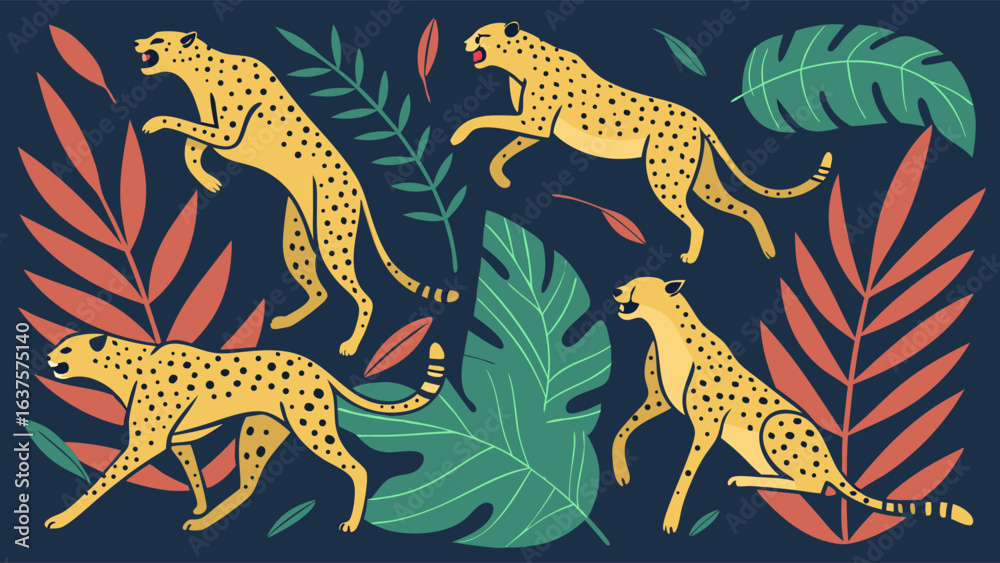 Obraz premium Stylized Cheetahs in a Jungle Setting with Tropical Foliage.