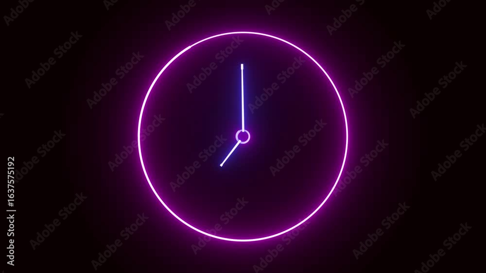 Purple pink neon clock hands animation. Abstract background modern design broadcast interface. Glowing neon clock animation. Futuristic digital art minimalist style timelapse seamless motion.