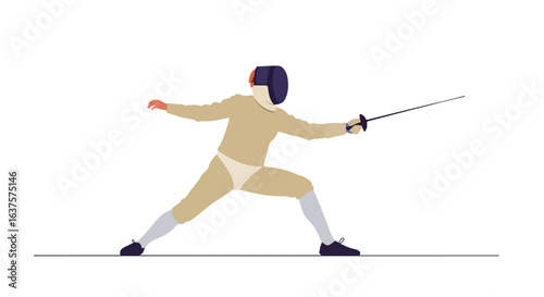 Athlete is ready with fencing sword. Fighting stance. Masked. Sword forward. Isolated