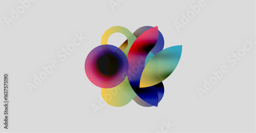 Abstract colorful shapes overlap, creating dynamic visual composition. Soft gradients blend hues, forming fluid forms. Light background enhances vibrancy.