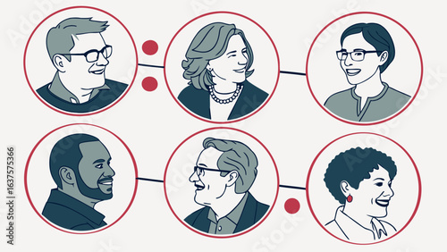 Stylized Portraits of Diverse Individuals in Connected Circles.